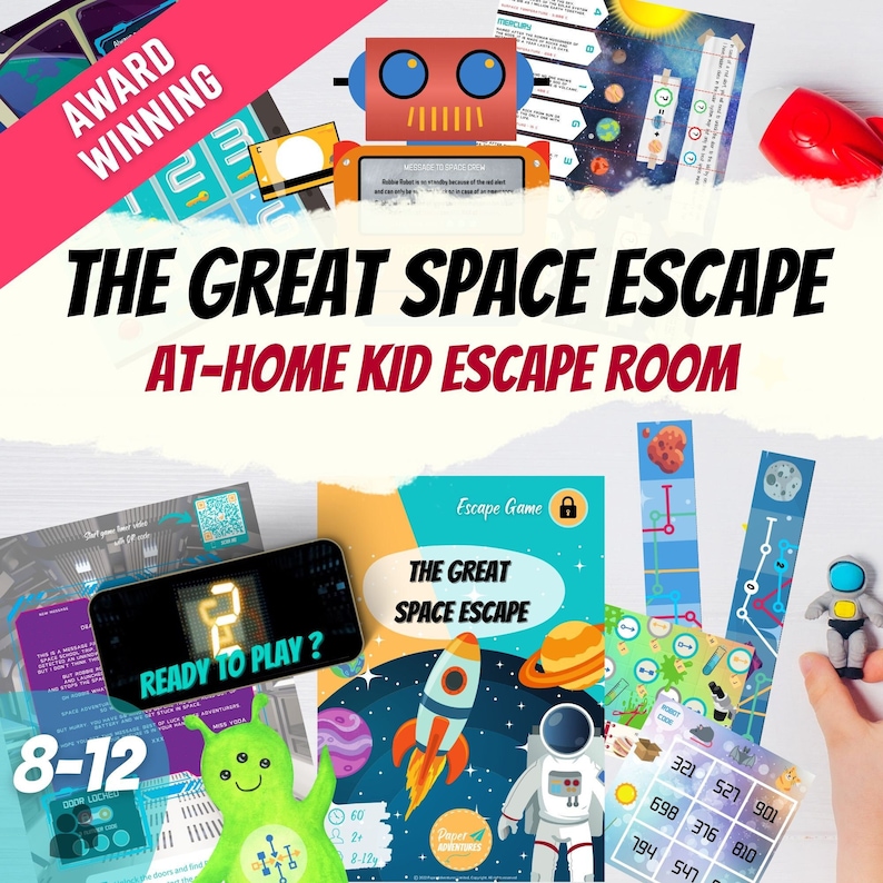 May include: An at-home escape room game for kids ages 8-12 called "The Great Space Escape". The game features a rocket ship, astronaut, planets, and a green alien. The game is award-winning and includes a variety of puzzles and challenges.