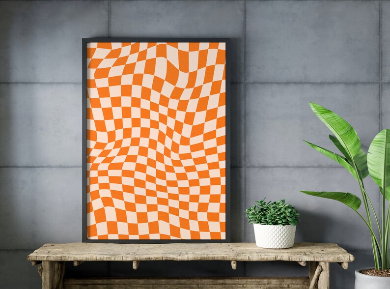 Retro Checkerboard Poster Retro Wall Decor Orange Etsy
