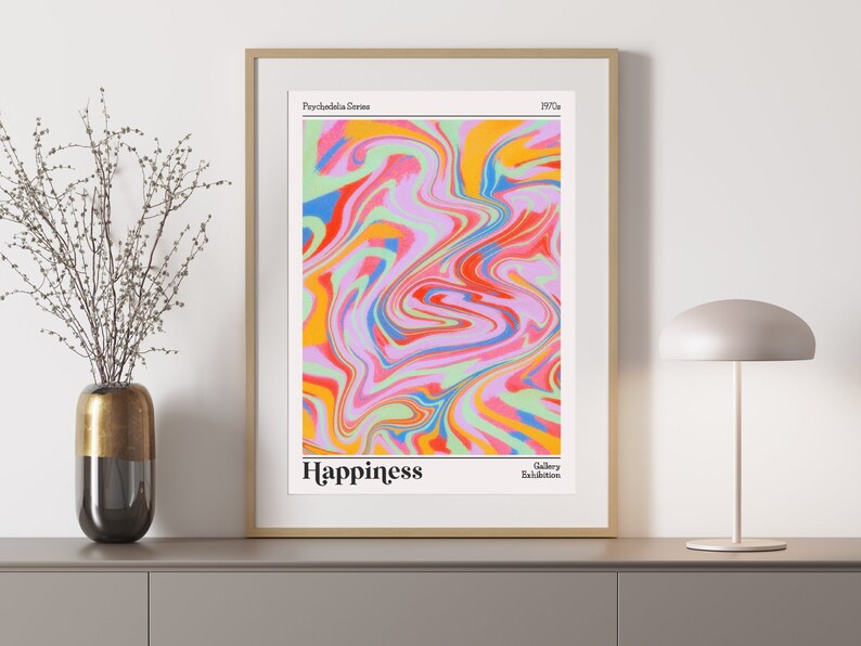 Retro Wall Print, Happiness Groovy Print, Digital Download Print, Retro Wall Decor, Preppy Printable Art, Downloadable Prints, 70s Poster 