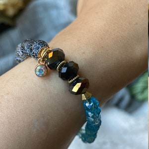 Blue crackle ceramic and glass beads with gold accents