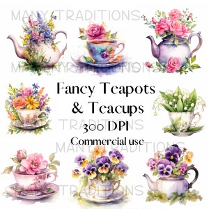 Könnte beinhalten: Sechs Aquarell-Illustrationen von Teekannen und Teetassen mit Blumenarrangements. Die Teekannen und Teetassen sind weiß mit goldenen Verzierungen. Die Blumenarrangements sind in verschiedenen Farben, darunter rosa, gelb, lila und grün. Der Text "Fancy Teapots & Teacups 300 DPI Commercial use" ist in Schwarz geschrieben.