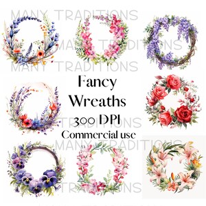Fancy Digital Clipart of Floral Wreaths with Variety of Flowers