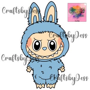 May include: A cartoon illustration of a blue monster wearing a bunny costume with big eyes and sharp teeth. The monster is standing with its arms at its sides.
