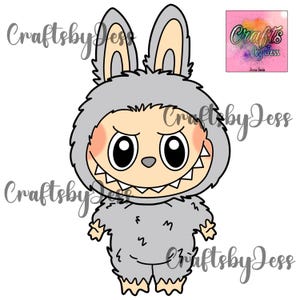 May include: A cartoon illustration of a gray monster wearing a furry costume with bunny ears. The monster has a mischievous grin with sharp teeth and large, round eyes.