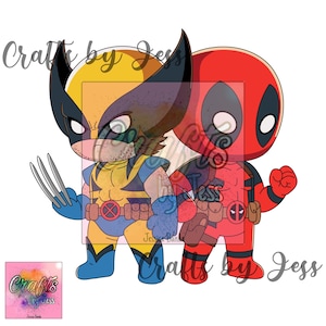 May include: A cartoon illustration of Wolverine and Deadpool, both in their signature poses. Wolverine is yellow and blue, with his claws extended. Deadpool is red and black, with his mask on and his right fist clenched. The background is white.