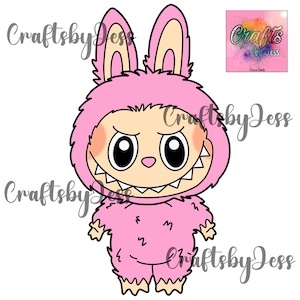 May include: A pink cartoon monster with a toothy grin wearing a pink bunny costume. The monster has large black eyes and a light pink face.