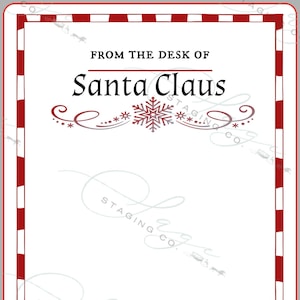 May include: A festive Christmas-themed letter from Santa Claus. The design features a red and white striped border, with the words "From the Desk of Santa Claus" at the top. The letter is signed by Santa Claus and includes a North Pole address.