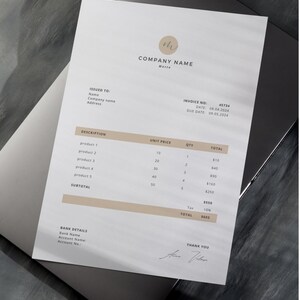 May include: A beige and white invoice with the company name "COMPANY NAME" and the text "Malte" printed at the top. The invoice number is 45734, the date is 08.04.2024, and the due date is 09.05.2024. The invoice lists five products with their unit price, quantity, and total cost. The subtotal is $550 and the total is $5605. The invoice also includes bank details and a thank you message.