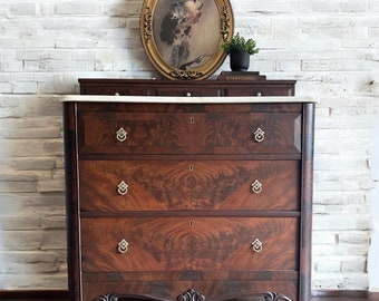 SOLD- Gorgeous 19th Century 6 Drawer Dresser with flame wood veneer and Marble top-Flame Mahogany