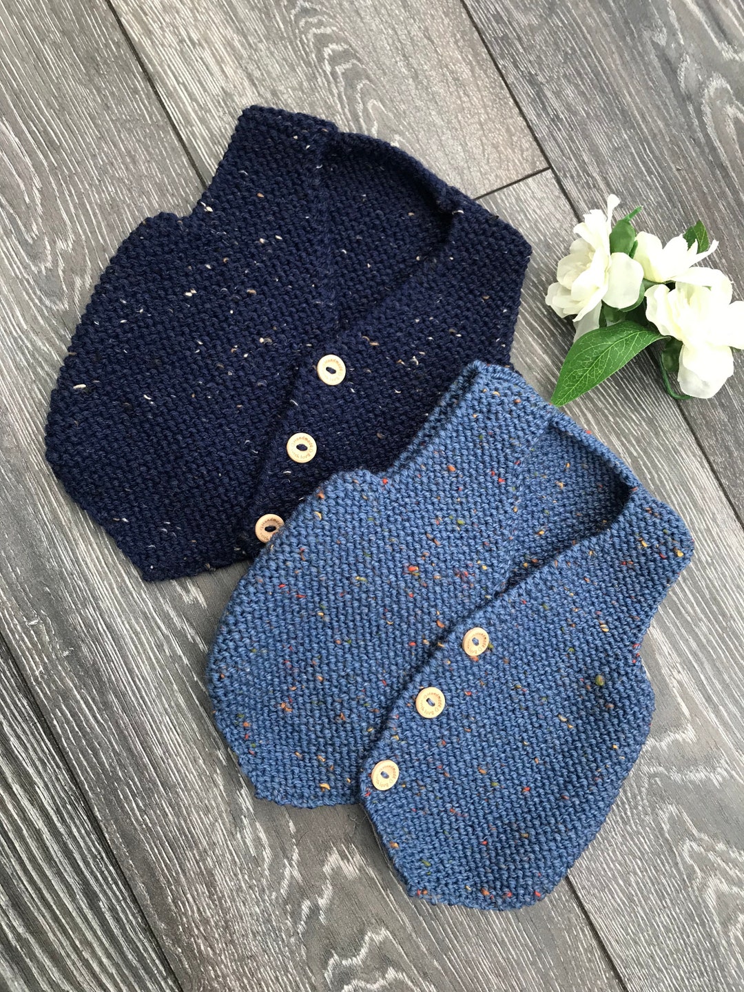 Baby Boy Waistcoat Hand Knit in Two Shades of Blue Aran Yarn Etsy UK