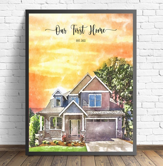 Custom Watercolor House Portrait With Sunset Background Etsy