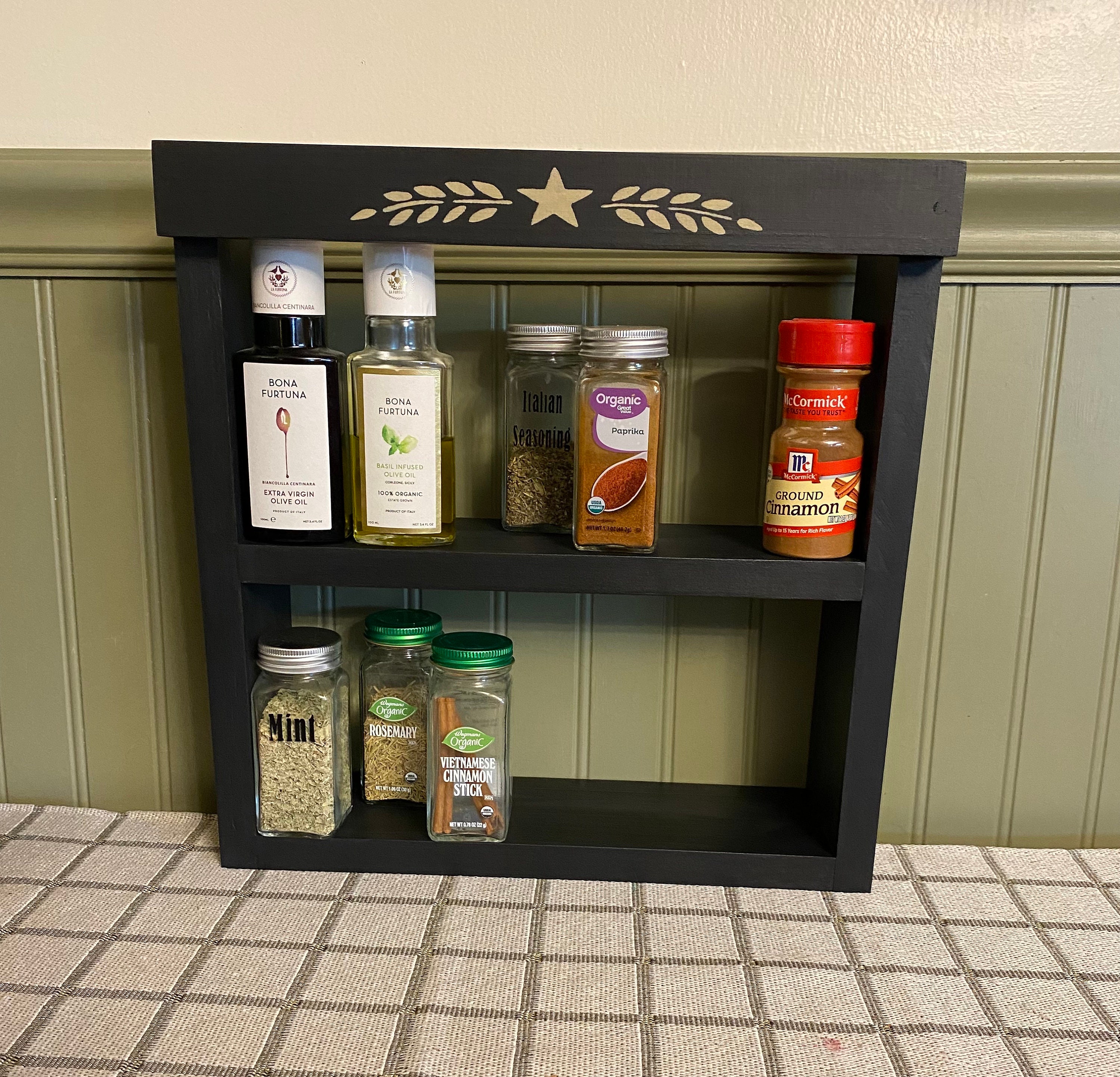 3 Tier Industrial Spice Rack, Matte Black Metal and Burnt Wood Wall Mounted  Hanging Kitchen Jar Condiment Bottle Shelf