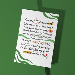 Sueña en grande, Sueña audaz, Persigue esos sueños, Tarjeta de aliento