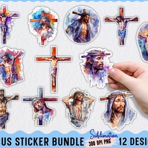 May include: A set of 12 digital watercolor stickers featuring Jesus on a cross. The stickers are in various poses and colors, with a watercolor background. The stickers are 300 DPI PNG files and are perfect for sublimation projects.