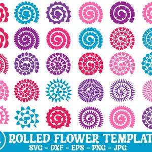 May include: 64 rolled flower templates in pink, purple, blue and red. The templates are in a variety of shapes and sizes, and are perfect for creating paper flowers.