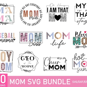 May include: A set of 20 digital designs featuring various mom-themed phrases and graphics. The designs include leopard print, zebra print, and other animal prints. The text includes phrases like "Mom Boss", "Baseball Mama", and "Cheer Mom".