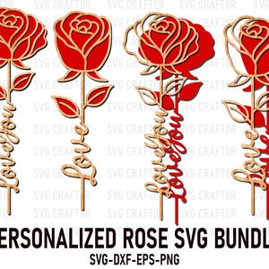 Può includere: Una collezione di quattro disegni di rose tagliate al laser. Ogni rosa è rossa con uno stelo e foglie in legno. La scritta "Love You Forever" è scritta verticalmente sullo stelo. Il testo "PERSONALIZED ROSE SVG BUNDLE" è in basso.
