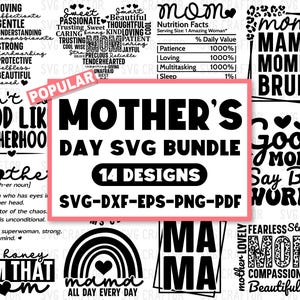 Könnte beinhalten: Ein Bundle mit 14 Schwarz-Weiß-Grafikdesigns für den Muttertag. Die Designs beinhalten Sätze wie "Ain't Hood Like Motherhood", "Good Moms Say Bad Words" und "Mama All Day Every Day".