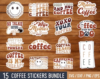 Retro Coffee Sticker Bundle: Wavy Smiley Face Designs (Digital Download)