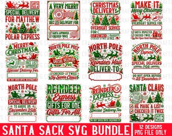 Paquete de imágenes PNG de sacos de Papá Noel, diseños de bolsas de regalo navideñas, gráficos con fondo transparente (descarga digital)