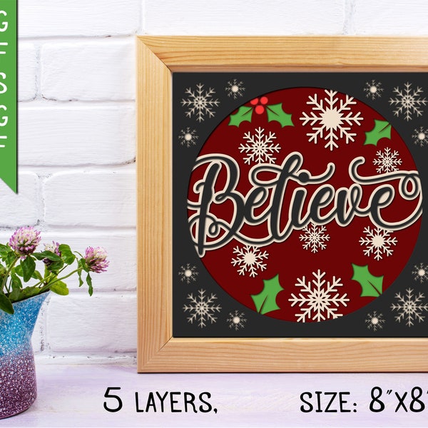 3d Christmas Believe Svg, Christmas Poinsettia Shadow Box Svg Cricut Files, Cardstock Svg, Silhouette Files,3d Christmas paper cutting file