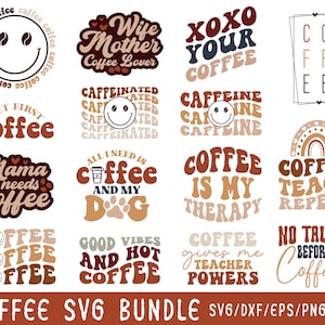 Retro Coffee SVG Bundle: Wavy Smiley Face Designs (PNG, DXF)