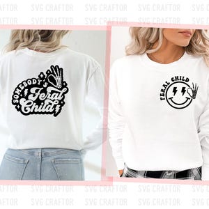 May include: Two white long-sleeve shirts with black graphic designs. The shirt on the left has the text "Somebody's Feral Child" with a lightning bolt and a skeleton hand. The shirt on the right has a smiley face with lightning bolts and a skeleton hand with the text "Feral Child".