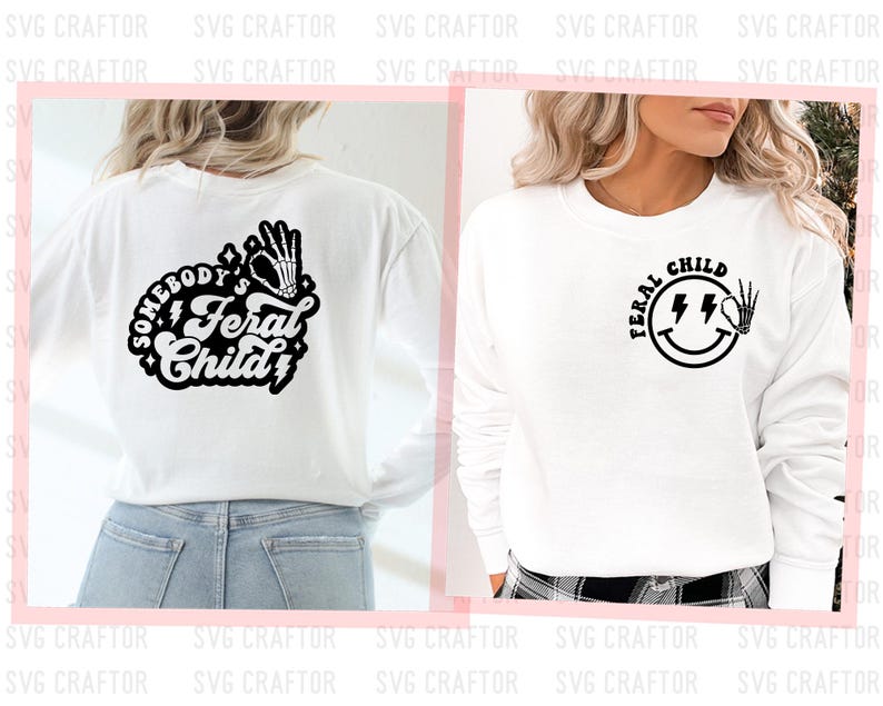 May include: Two white long-sleeve shirts with black graphic designs. The shirt on the left has the text "Somebody's Feral Child" with a lightning bolt and a skeleton hand. The shirt on the right has a smiley face with lightning bolts and a skeleton hand with the text "Feral Child".