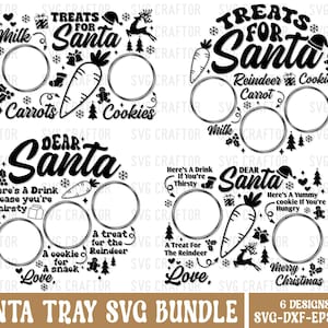 Puede incluir: Un conjunto de seis diseños SVG en blanco y negro para una bandeja de Santa. Los diseños presentan texto como "Golosinas para Santa", "Querido Santa" y "Feliz Navidad". Cada diseño incluye una zanahoria, una galleta y una botella de leche, con círculos para agregar imágenes.