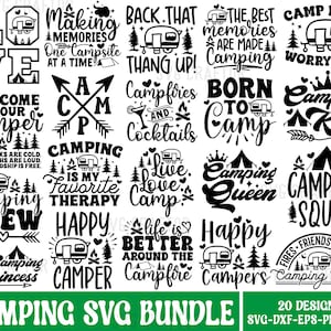 Lot de conceptions SVG de camping : campeur heureux, randonnée (fichiers numériques)