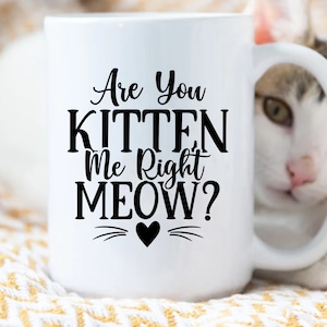 Pu&ograve; includere: Tazza in ceramica bianca con testo nero che recita "Are you kitten me right meow?" con un cuore nero e baffi. Un gatto bianco spunta da dietro la tazza.