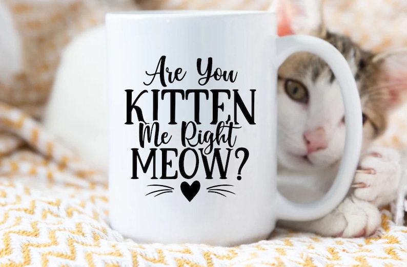 Pu&ograve; includere: Tazza in ceramica bianca con testo nero che recita "Are you kitten me right meow?" con un cuore nero e baffi. Un gatto bianco spunta da dietro la tazza.
