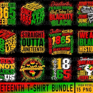 May include: A collection of Juneteenth-themed graphic designs in red, yellow, green, and black. The designs include text such as "Freedom," "Black History," and "Juneteenth." The image is a T-shirt bundle with 15 PNG files.