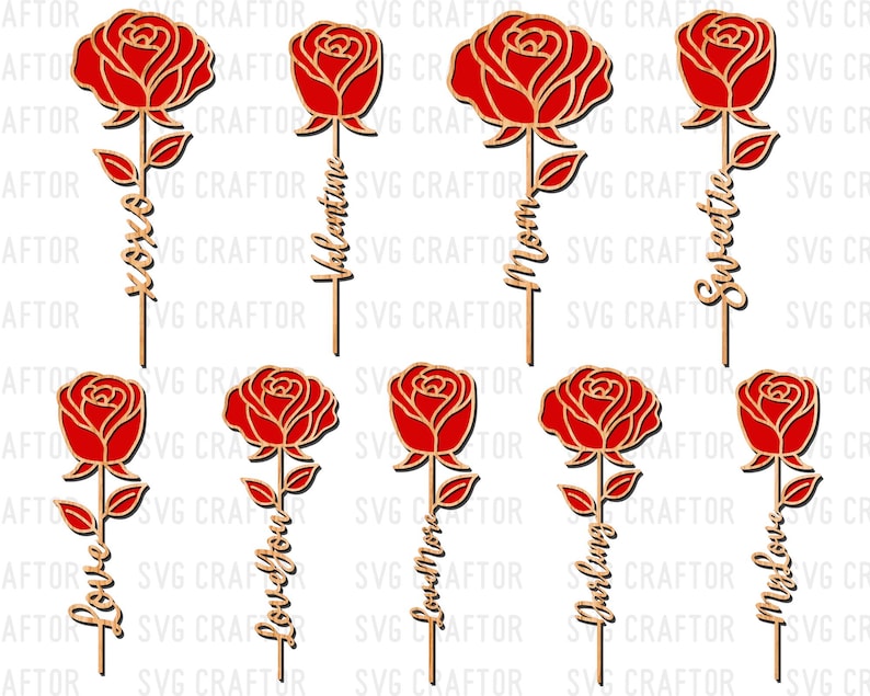 May include: A collection of red rose-shaped wooden cutouts with gold outlines. Each rose is attached to a stem with leaves and a word, including "XOXO", "Valentine", "Mom", "Sweetie", "Love", "Love You", "Darling", and "My Love".