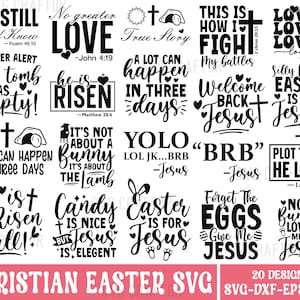 Op de afbeelding: Een verzameling van 20 christelijke paas-SVG-ontwerpen met verschillende zinnen en afbeeldingen, waaronder een kruis, een lam, eieren, konijnen en de woorden "Hij is opgestaan", "Pasen is voor Jezus" en "Geliefd Geliefd Geliefd".