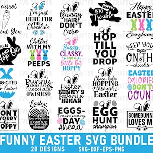 May include: A collection of 20 funny Easter-themed SVG designs. The designs feature phrases like "Hoppin' into Trouble," "Egg Hunt Champion," and "Somebunny Loves Me," along with Easter eggs and bunny ears. The color palette includes black, white, pink, and blue.