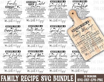 Family Recipe SVG Bundle: Kitchen Quotes, Cutting Board Designs (Digital Download)