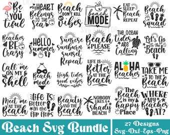 May include: A set of 27 black and white beach-themed SVG designs. The designs include phrases like "Beach Mode", "Life is Better in Flip Flops", "Aloha Beaches", and "Take Me to the Beach".