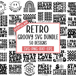 50 Groovy svg Bundle, Hippie svg, Inspirational svg, Retro svg, Motivational svg, Aesthetic svg, Boho svg, Wavy Text svg Cricut, trendy svg,
