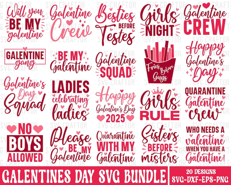 Op de afbeelding: Een digitale download van 20 Valentijnsdag-thema SVG-ontwerpen met zinnen als "Galentine's Crew", "Girls Night" en "Quarantine Galentine Crew". De ontwerpen zijn in roze, rood en wit.