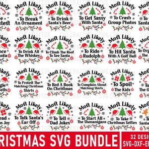 以下が含まれることがあります： 「最もかわいい」や「サンタのビールを飲む可能性が最も高い」などのフレーズを含む、32のデザインが特徴のクリスマスSVGバンドル。各デザインには、サンタの帽子、クリスマスツリー、キャンディケーンの要素が含まれています。