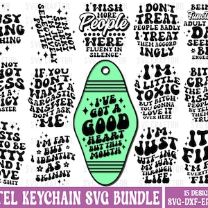 May include: A set of 15 black and white digital designs featuring motel keychains with various funny and sarcastic phrases. The designs are in a retro style with a green background.