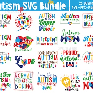 Könnte beinhalten: Ein Set mit 25 farbenfrohen SVG-Designs mit Text und Puzzleteilen zum Thema Autismus-Bewusstsein. Die Designs beinhalten Sätze wie "Autismus ist meine Superkraft", "Liebe annehmen verstehen", "Anders, nicht weniger", "Stolzer Autismus-Papa" und "Dieses kleine Licht von mir".