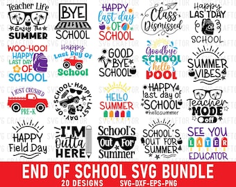 Puede incluir: Un conjunto de 20 diseños SVG de fin de curso. Los diseños incluyen frases como "Teacher Life", "Happy Last Day of School" y "Summer Vibes", junto con gráficos relacionados. Disponible en formatos SVG, DXF, EPS y PNG.