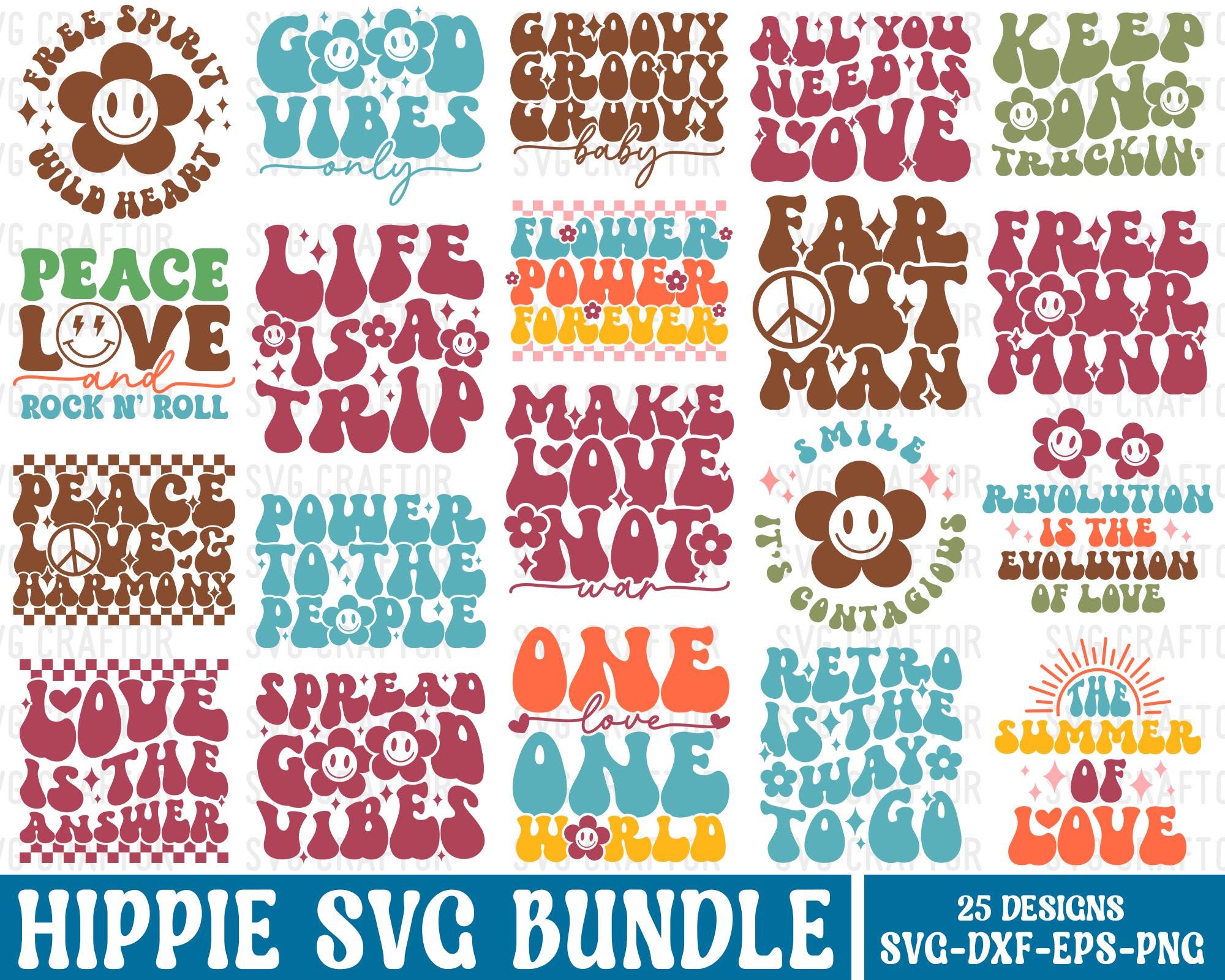 Hippie SVG Bundle: Peace, Love, Groovy Designs (Digital Download)