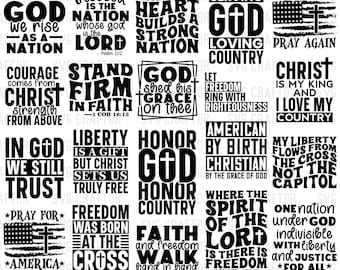 May include: A collection of 20 patriotic and Christian-themed SVG designs in black and white. The designs include phrases like "In God We Trust," "Pray for America," and "Freedom Was Born at the Cross." The bundle is for digital crafting.