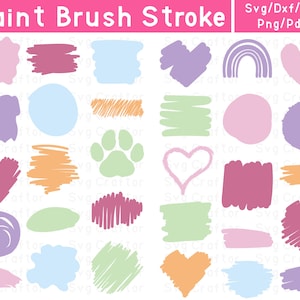Puede incluir: Una colección de diseños de trazos de pincel coloridos en varias formas, incluyendo corazones, círculos y rectángulos. La imagen incluye el texto "Paint Brush Stroke" y opciones de tipo de archivo: Svg/Dxf/Eps Png/Pdf.