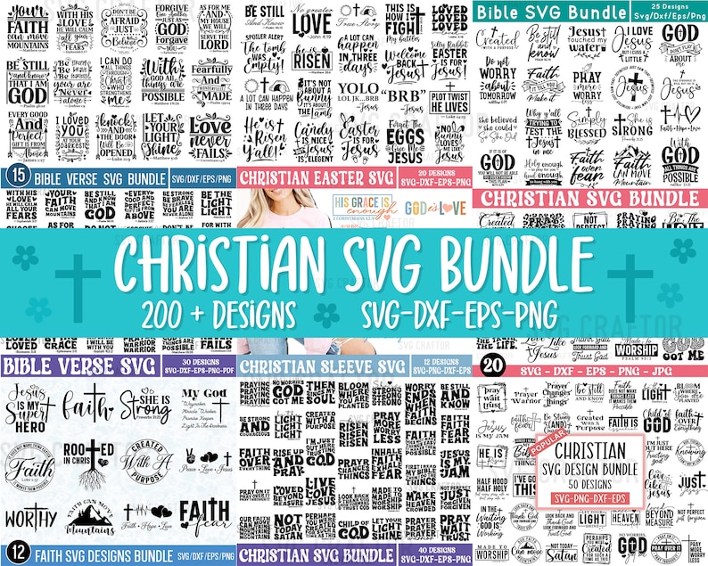 May include: A digital download bundle of 200+ Christian SVG designs for crafting. The designs feature Bible verses, inspirational quotes, and Christian imagery. The bundle includes SVG, DXF, EPS, and PNG file formats.