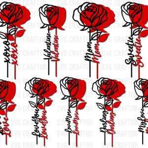 May include: A collection of red and black rose-shaped toppers with various phrases. The toppers feature a half-red, half-black rose design with stems and leaves. Phrases include "xoxo," "Valentine," "Mom," "Sweetie," "Love You," "Love More," "Darling," and "My Love."