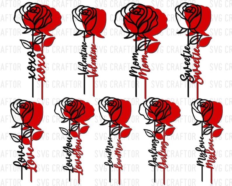 May include: A collection of red and black rose-shaped toppers with various phrases. The toppers feature a half-red, half-black rose design with stems and leaves. Phrases include "xoxo," "Valentine," "Mom," "Sweetie," "Love You," "Love More," "Darling," and "My Love."